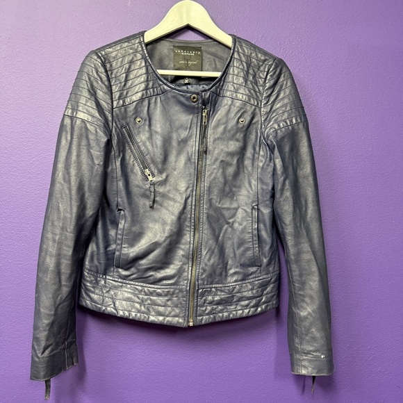 Sanctuary navy blue leather jacket with zipper details women’s size medium - Picture 1 of 12